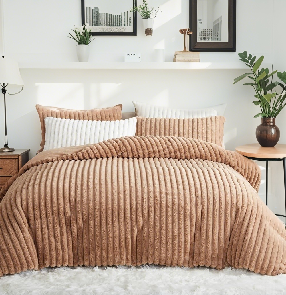 JOLUSERE Khaki Fluffy Striped Duvet Cover Queen Set, 3-Piece Super Soft Faux Rabbit Fur Winter Warm Fuzzy Comforter Cover