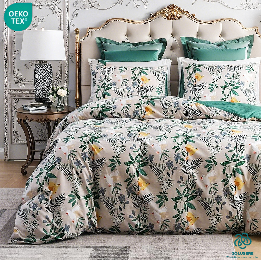 Jolusere Botanical Floral Queen Comforter Sets, 3 Pieces Beige Green Leaves Reversible Bedding Sets for Adults All Season