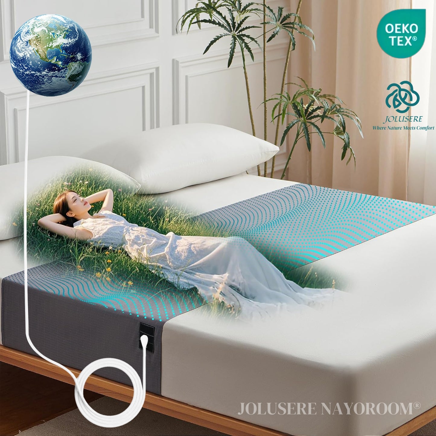 JOLUSERE Grounding Mat for Bed, 90% Organic Cotton+10% Pure Silver Fiber Grounding Fitted Sheets for All Mattress Sizes,Gray