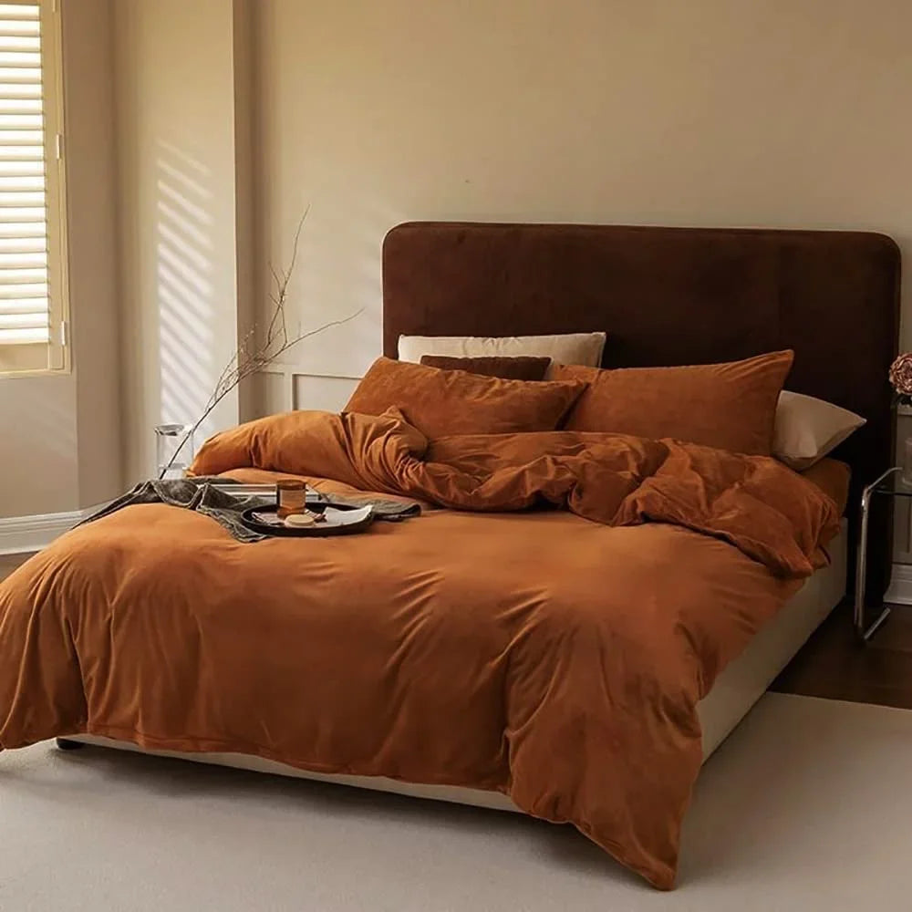 JOLUSERE Caramel Grey Velvet Duvet Cover King Set, 3-Piece Ultra Soft Fluffy Flannel Winter Bedding Cover