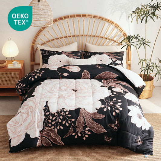 JOLOSERE Chic Black White Floral Comforter King Set, 3-Piece Botanical Floral Butterfly Bedding Comforter Set for Adults All Season