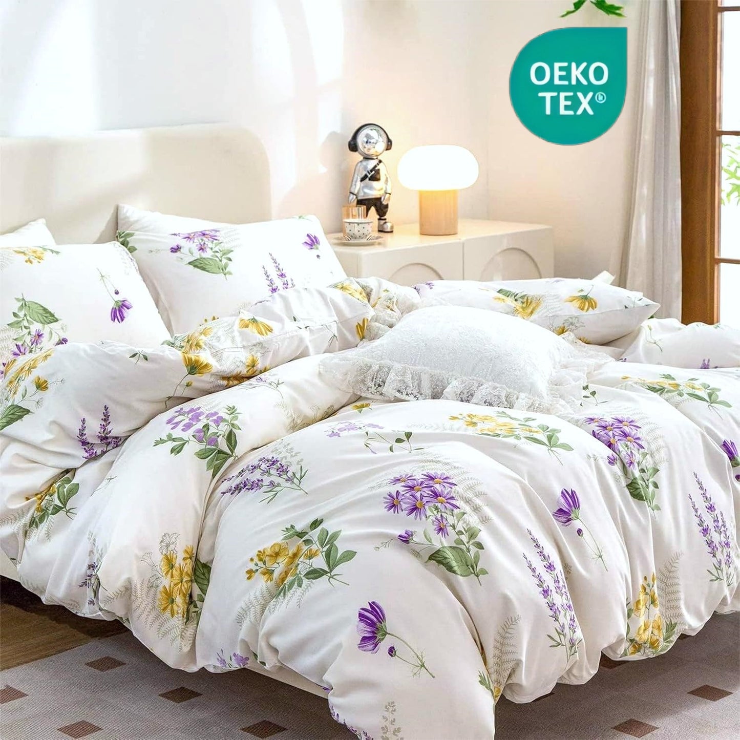 Jolusere White Purple Floral Queen Comforter Sets, 3 Pieces Chic Garden Style Reversible Bedding Sets for Adults All Season