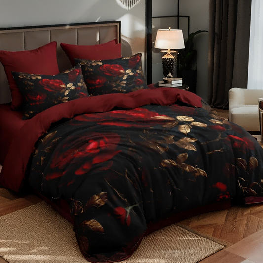 JOLOSERE Luxurious Rose Floral Comforter Queen Set, 3-Piece Vintage Soft Red Rose Bedding Comforter Set for Adults All Season