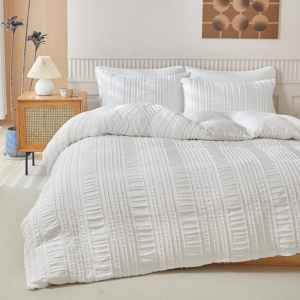 JOLUSERE White Duvet Cover King Sets, 3 Pieces Soft Breathable Striped Textured Comforter Cover Set