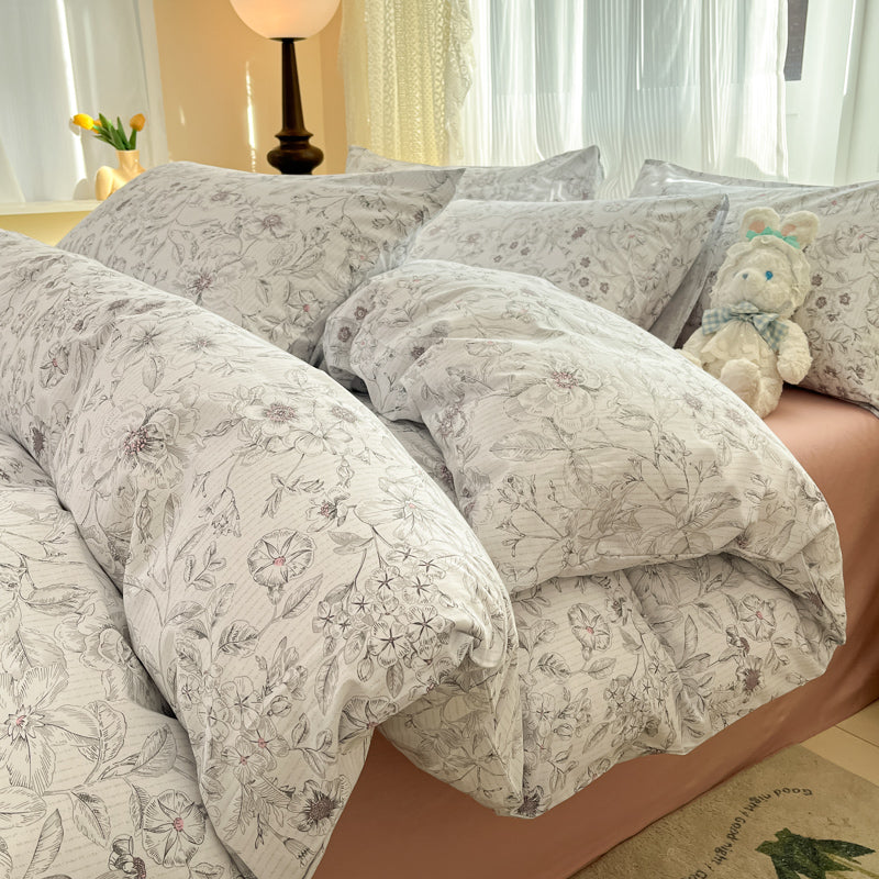 JOLUSERE 100% Organic Cotton Duvet Cover Sets King Size, 3 Pieces Soft Mist White Floral Soft Chic Artistic Bedding Sets