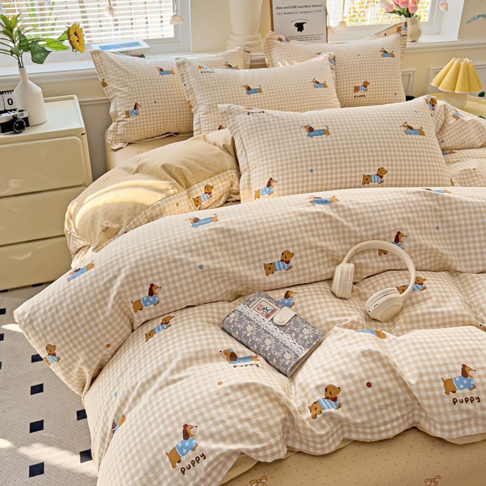 JOLUSERE 3-Piece Beige Gingham Puppy Pattern Comforter Queen Set , Soft Blue Dachshund Bedding Set for Kids Adults