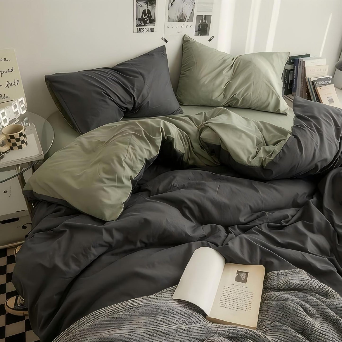 JOLUSERE 3 Piece Duvet Cover Sets Queen Soft Washed Microfiber Reversible Duvet Cover,Solid Dark Gray Green