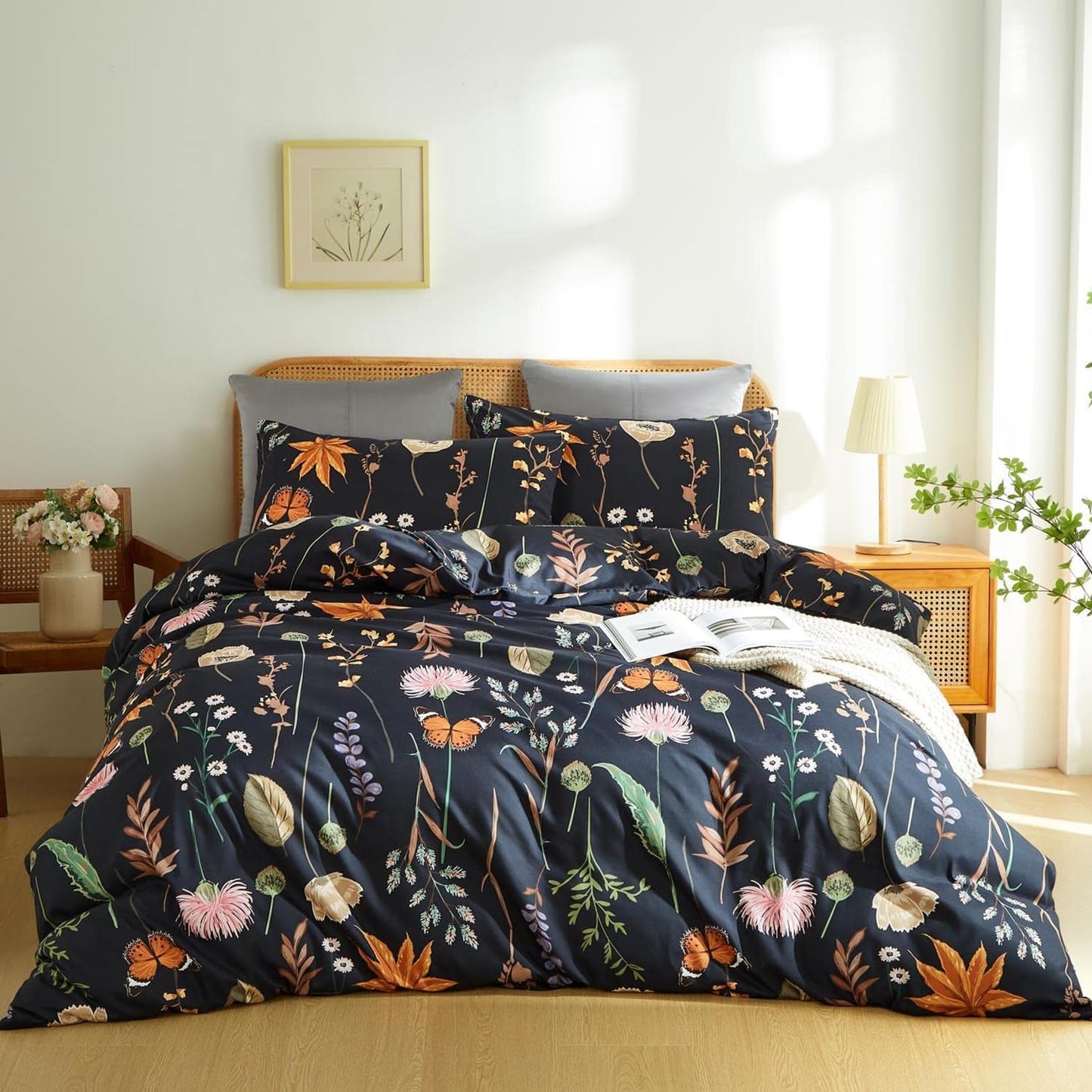 JOLUSERE 3 Piece Duvet Cover Sets Queen Soft Breathable Washed Microfiber Boho Floral Butterfly Duvet Cover, Black