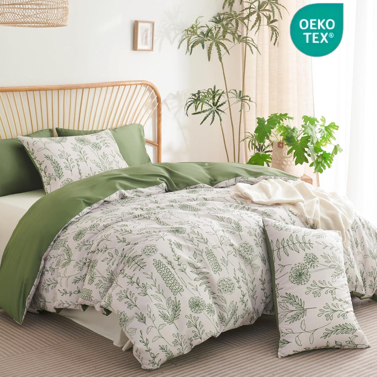Jolusere Rich Green Leaves Queen Comforter Sets, 3 Pieces Chic Garden Style Reversible Bedding Sets for Adults All Season