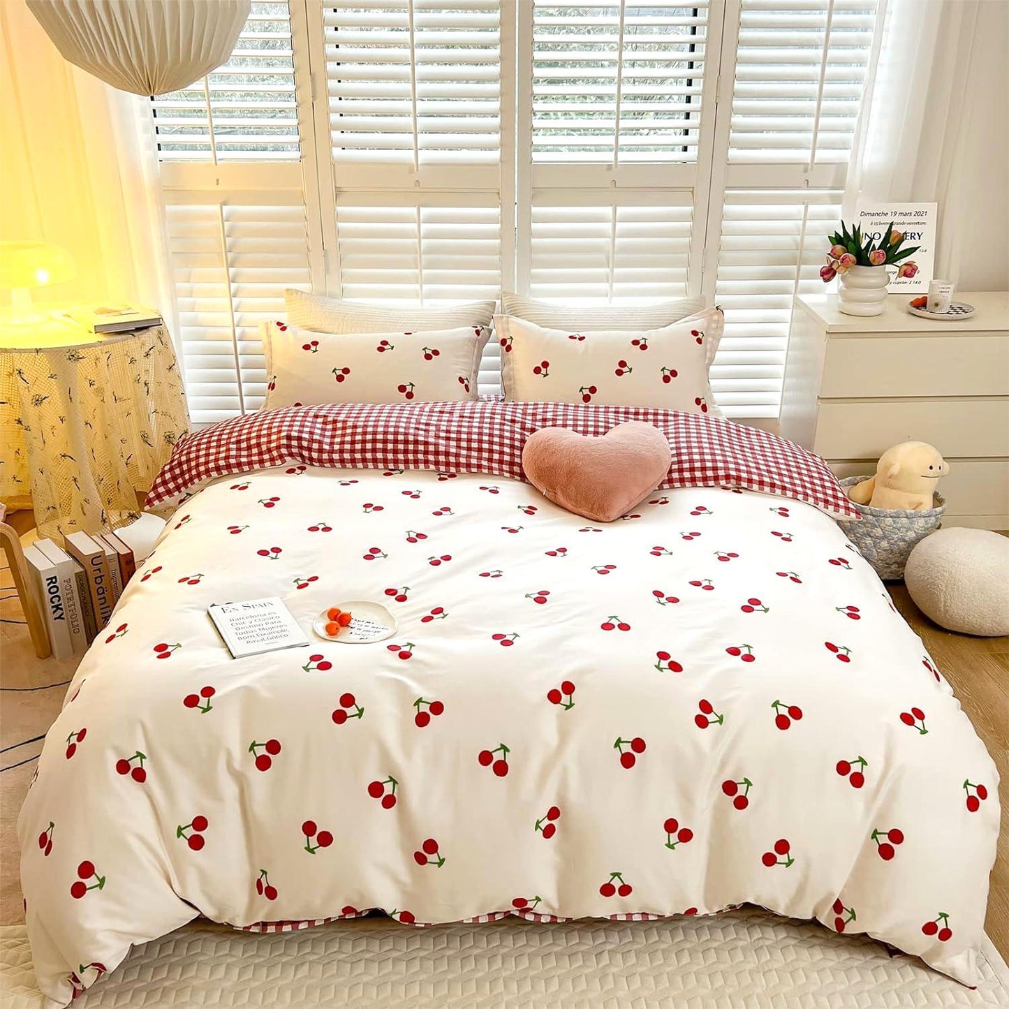 Jolusere White Red Cherry Girls Comforter Set Twin Size, 3 Pieces Reversible Red Checkered Pattern Bedding Set for Kids Girls