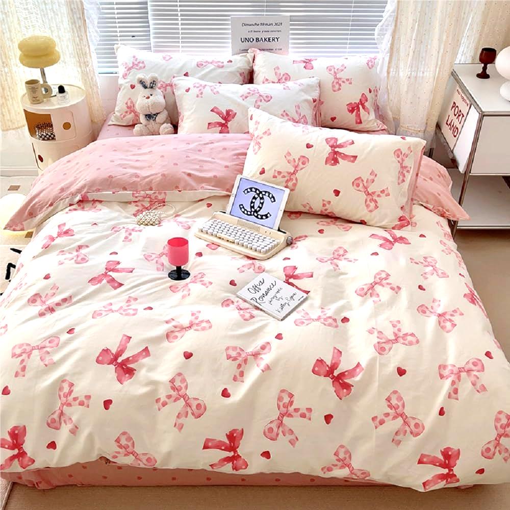 Jolusere Bowknot Girls Queen Comforter Set, 3 Pieces Pink Bows Princess Style Bedding Sets with Comforter Pillowcases for Kids Girls