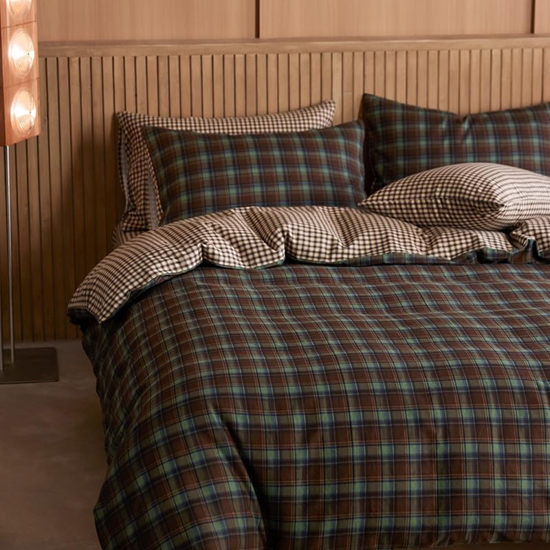 JOLUSERE Green Brown Plaid Duvet Cover Full Set, 3-Piece Vintage Beige Brown Grid Checkered Pattern Soft Comforter Cover