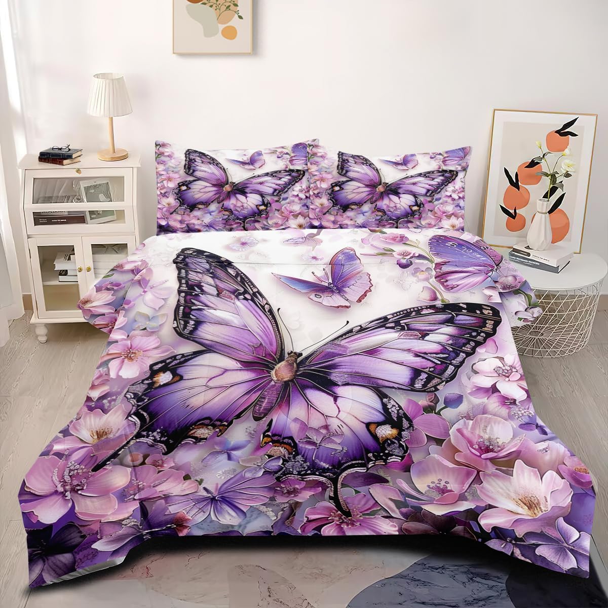 OMELA Purple Butterfly Comforter Set Queen Size,3 Pcs Chic Floral Purple Butterfly Thick Comforter Set for Girls Women Adults All Season
