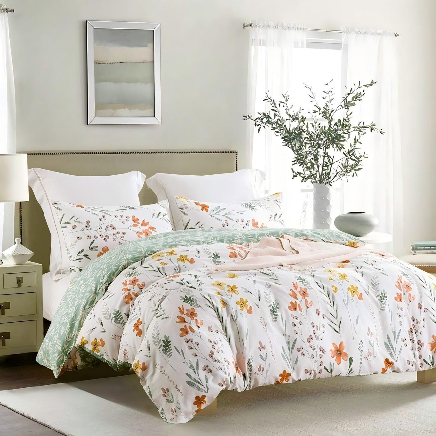 Jolusere Floral Leaves Queen Comforter Sets, 3 Pieces Green Leaves Colourful Floral Reversible Bedding Sets for Adults All Season