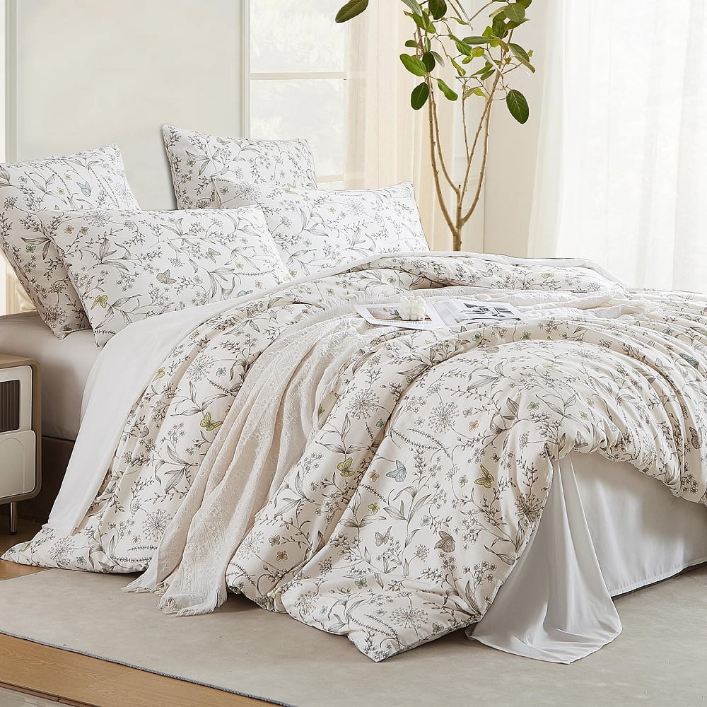 JOLUSERE 100% Cotton Duvet Cover White Floral Duvet Cover Set with Colorful Butterfly Pattern Queen Size,Pearl White