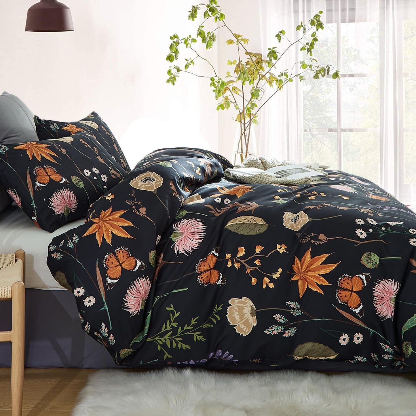 JOLUSERE 3 Piece Duvet Cover Sets Queen Soft Breathable Washed Microfiber Boho Floral Butterfly Duvet Cover, Black