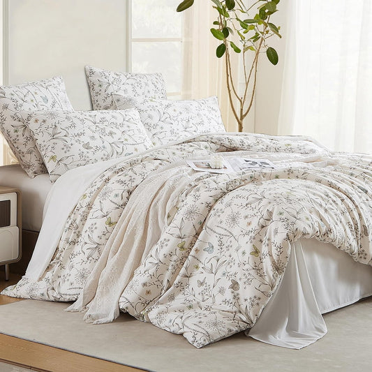 JOLUSERE 100% Cotton Duvet Cover White Floral Duvet Cover Set with Colorful Butterfly Pattern King Size,Pearl White