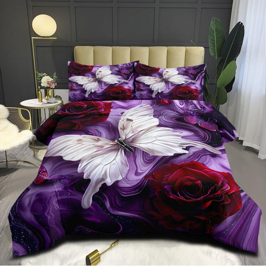JOLOSERE Butterfly Roses Comforter King Set, 3-Piece Romantic Rose Butterfly Purple Bedding Comforter Set for Adults All Season