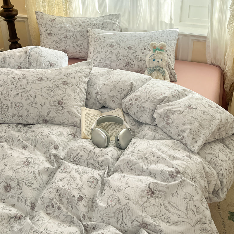 JOLUSERE 100% Organic Cotton Duvet Cover Sets Full Size, 3 Pieces Soft Mist White Floral Soft Chic Artistic Bedding Sets