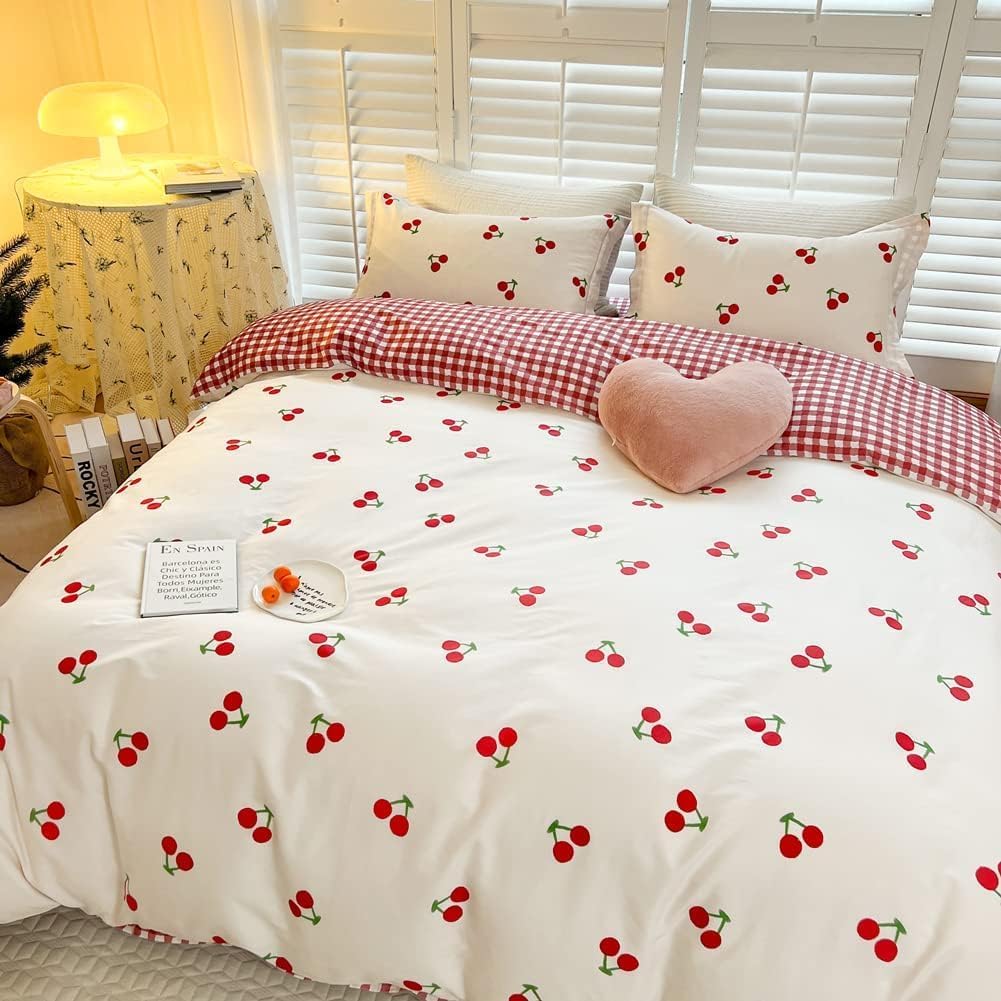 Jolusere White Red Cherry Girls Queen Comforter Set, 3 Pieces Reversible Red Checkered Pattern Bedding Sets with Comforter Pillowcases for Kids Girls