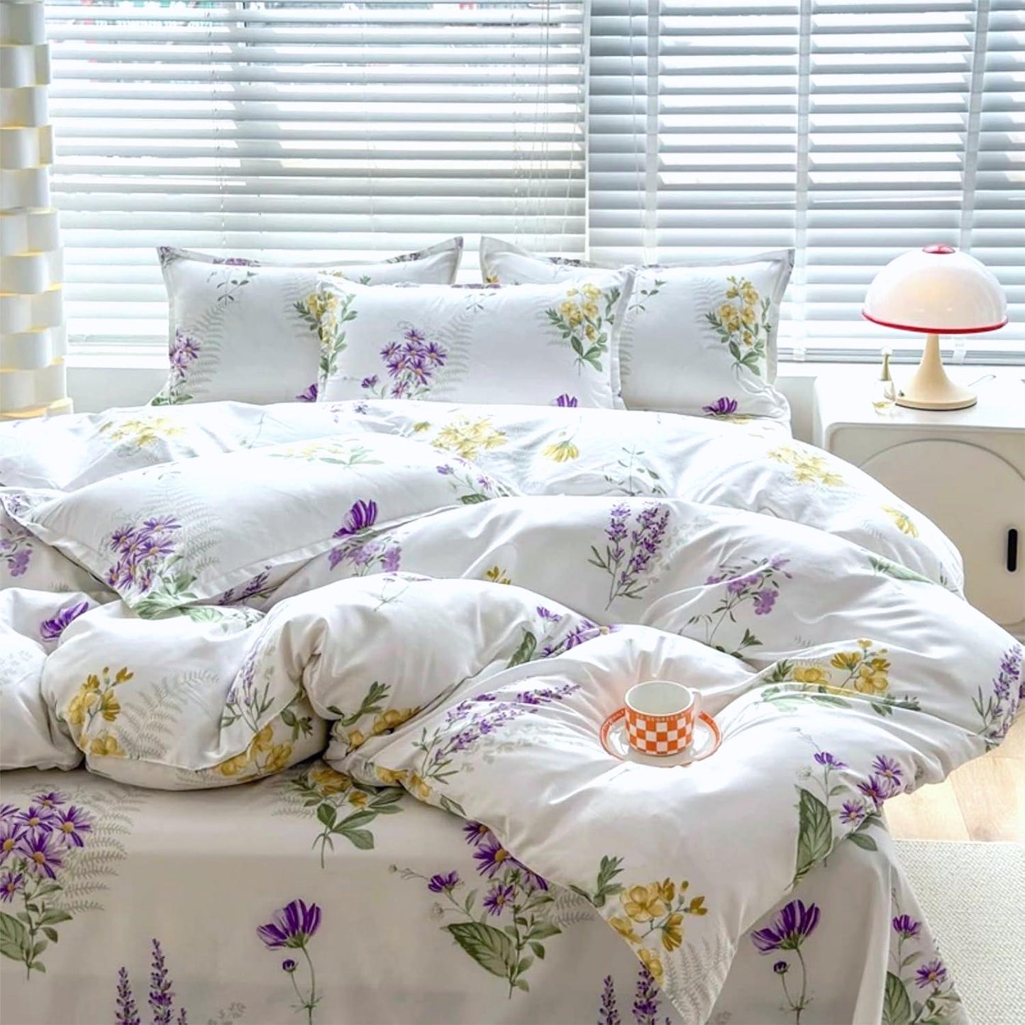Jolusere White Purple Floral Queen Comforter Sets, 3 Pieces Chic Garden Style Reversible Bedding Sets for Adults All Season