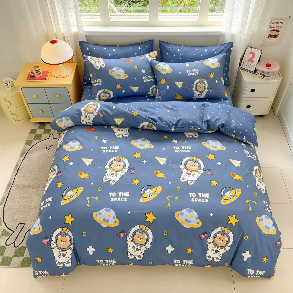 JOLUSERE 2-Piece Outer Space Blue Comforter Twin Set,Soft Bear Astronaut Planet Quilt Bedding Set for Kids Boys