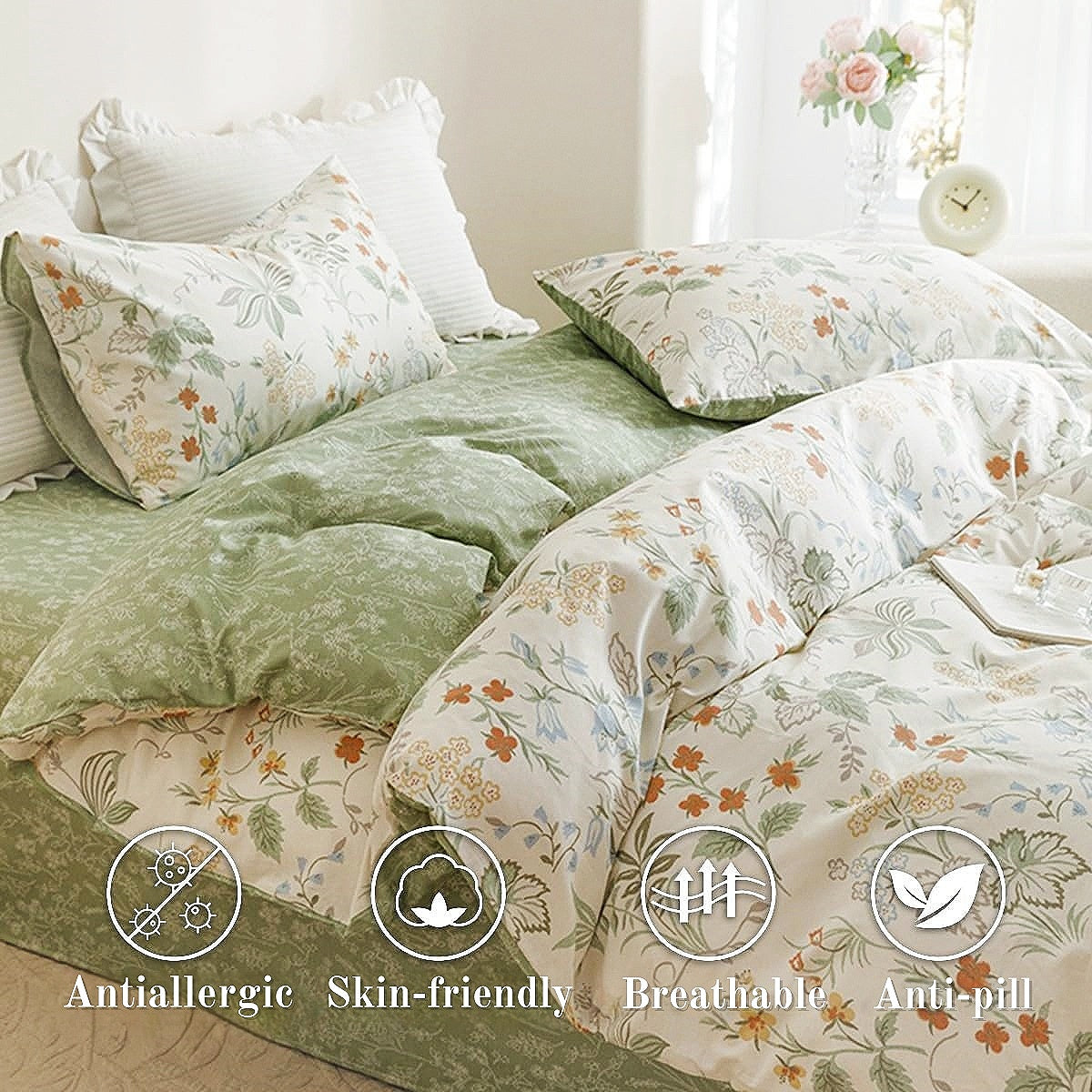 Jolusere Green Leaves Queen Comforter Sets, 3 Pieces Chic Garden Style Botanical Floral Reversible Bedding Sets for Adults All Season