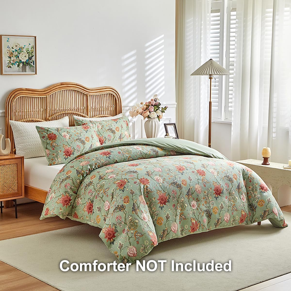 JOLUSERE 3 Piece Duvet Cover Sets King Soft Breathable Washed Microfiber Boho Floral Duvet Cover,Green