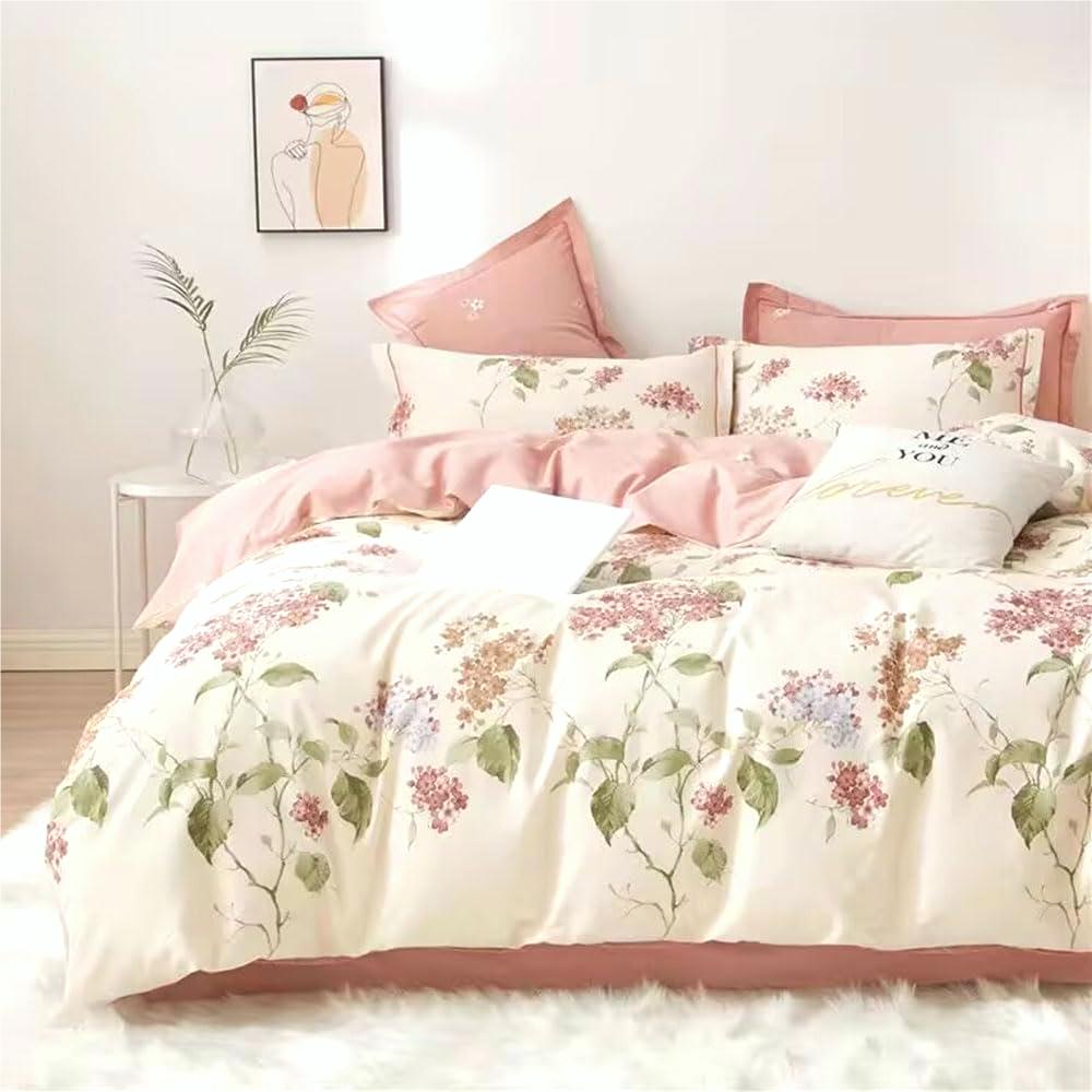 Jolusere White with Pink Flowers Queen Comforter Sets, 3 Pieces Chic Garden Style Reversible Bedding Sets for Adults All Season