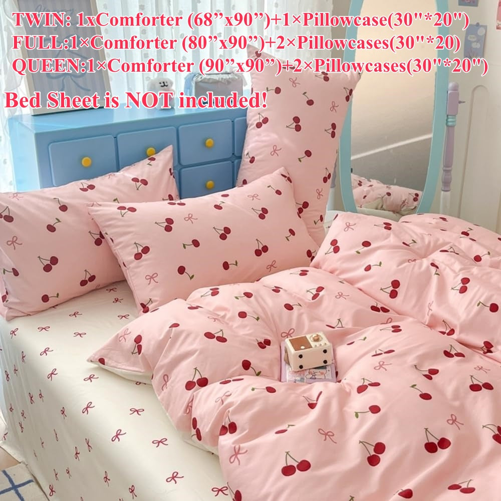 JOLUSERE 3-Piece Red Cherries with Pink Bows Comforter Queen Set , Soft Aesthetic Cherry Pattern Bedding Set for Kids Adults