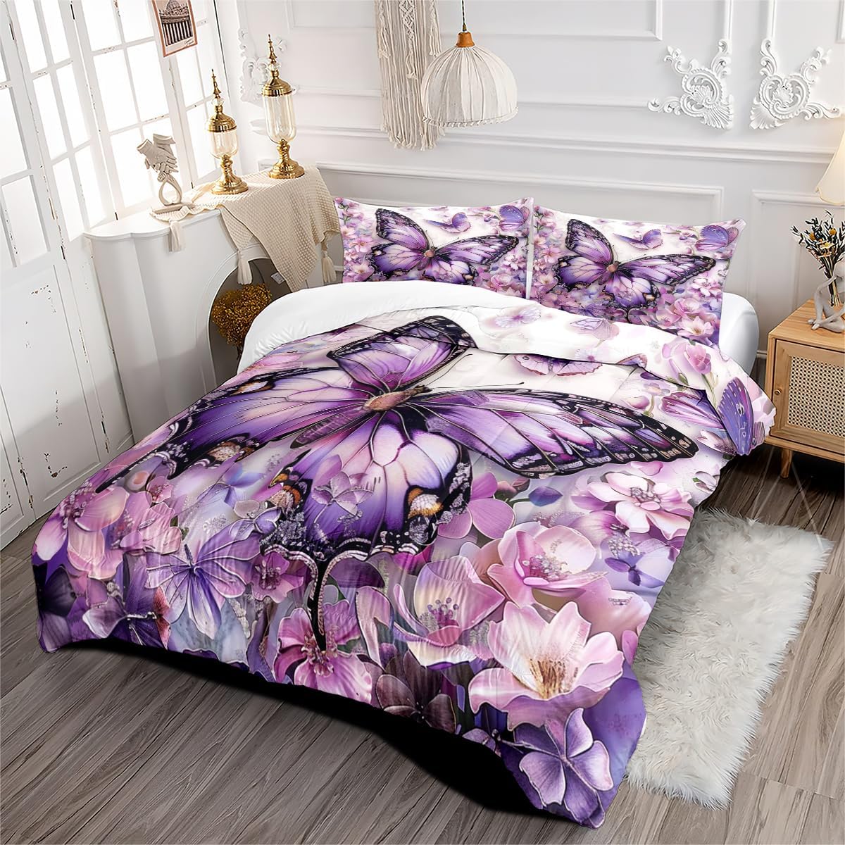 OMELA Purple Butterfly Comforter Set Queen Size,3 Pcs Chic Floral Purple Butterfly Thick Comforter Set for Girls Women Adults All Season