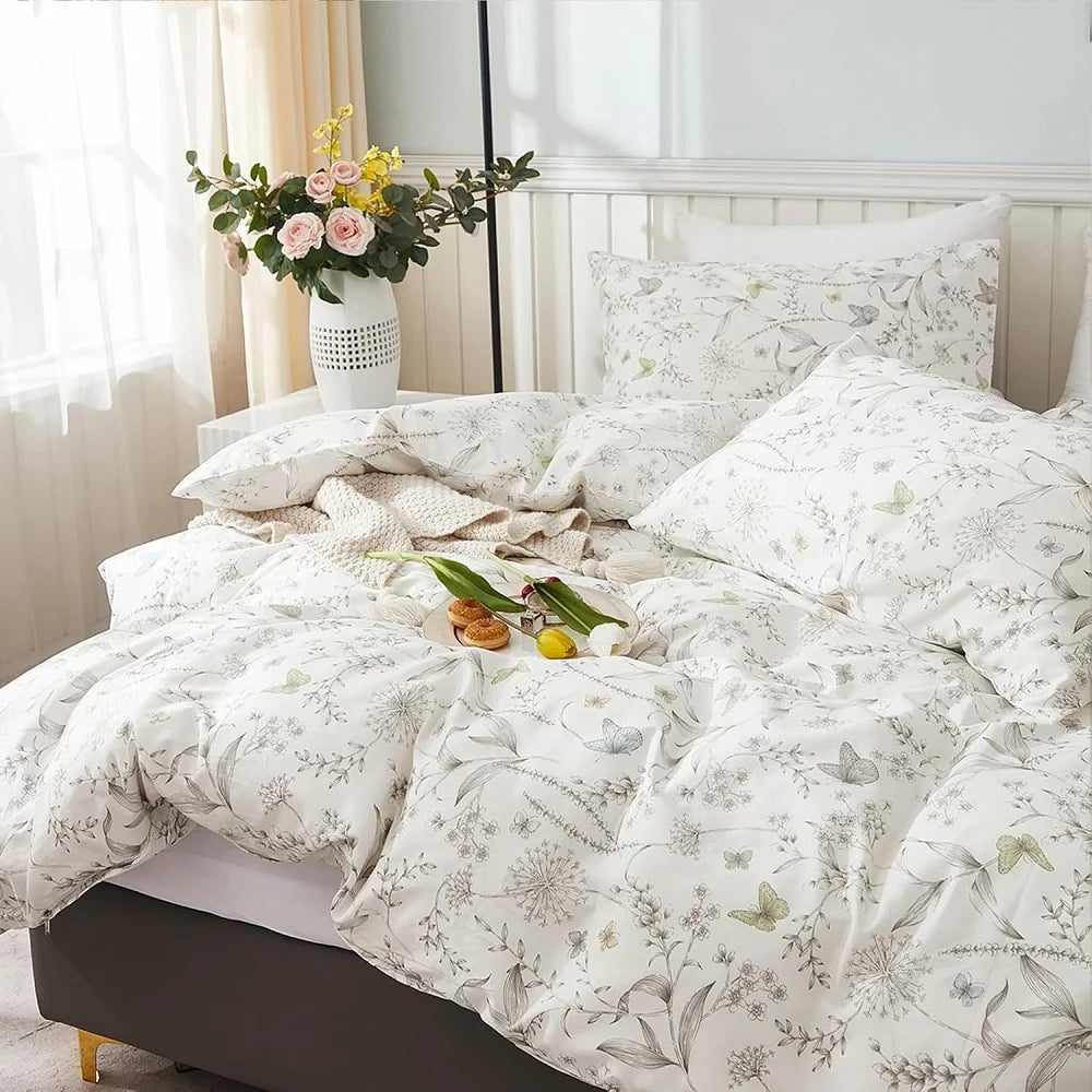 JOLUSERE 100% Cotton Duvet Cover White Floral Duvet Cover Set with Colorful Butterfly Pattern Queen Size,Pearl White