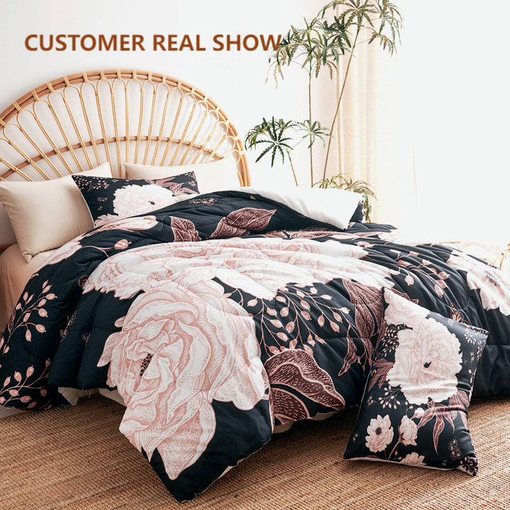 JOLOSERE Chic Black White Floral Comforter Queen Set, 3-Piece Botanical Floral Butterfly Bedding Comforter Set for Adults All Season