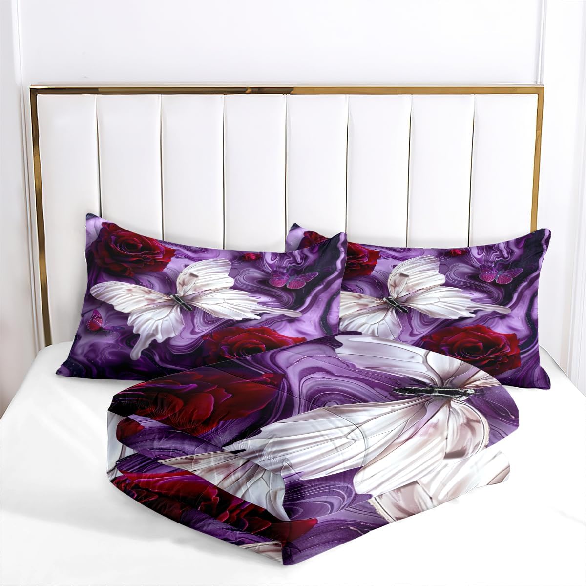 OMELA Butterfly Roses Comforter Set Queen Size, 3 Pcs Romantic Rose Butterfly Purple Marble Thick Comforter Set for Girls Women Adults All Season