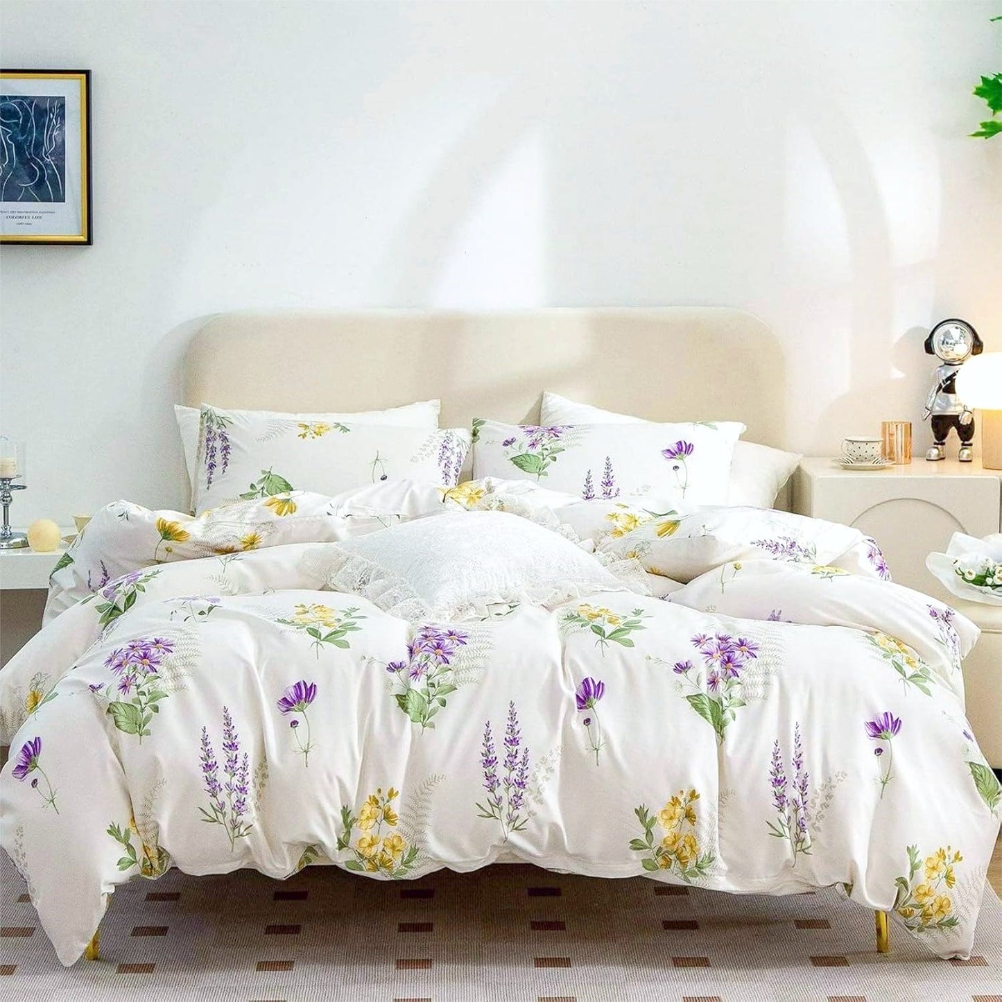 Jolusere White Purple Floral Queen Comforter Sets, 3 Pieces Chic Garden Style Reversible Bedding Sets for Adults All Season