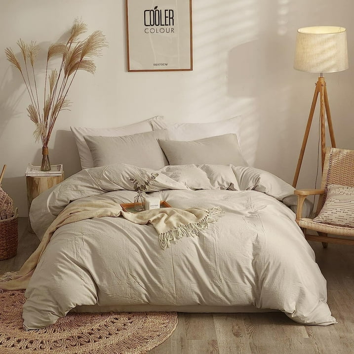 JOLUSERE 3 Piece 100% Washed Cotton Beige Duvet Cover Set Luxury Soft and Breatheable Bedding Set with Zipper Closure,King Size