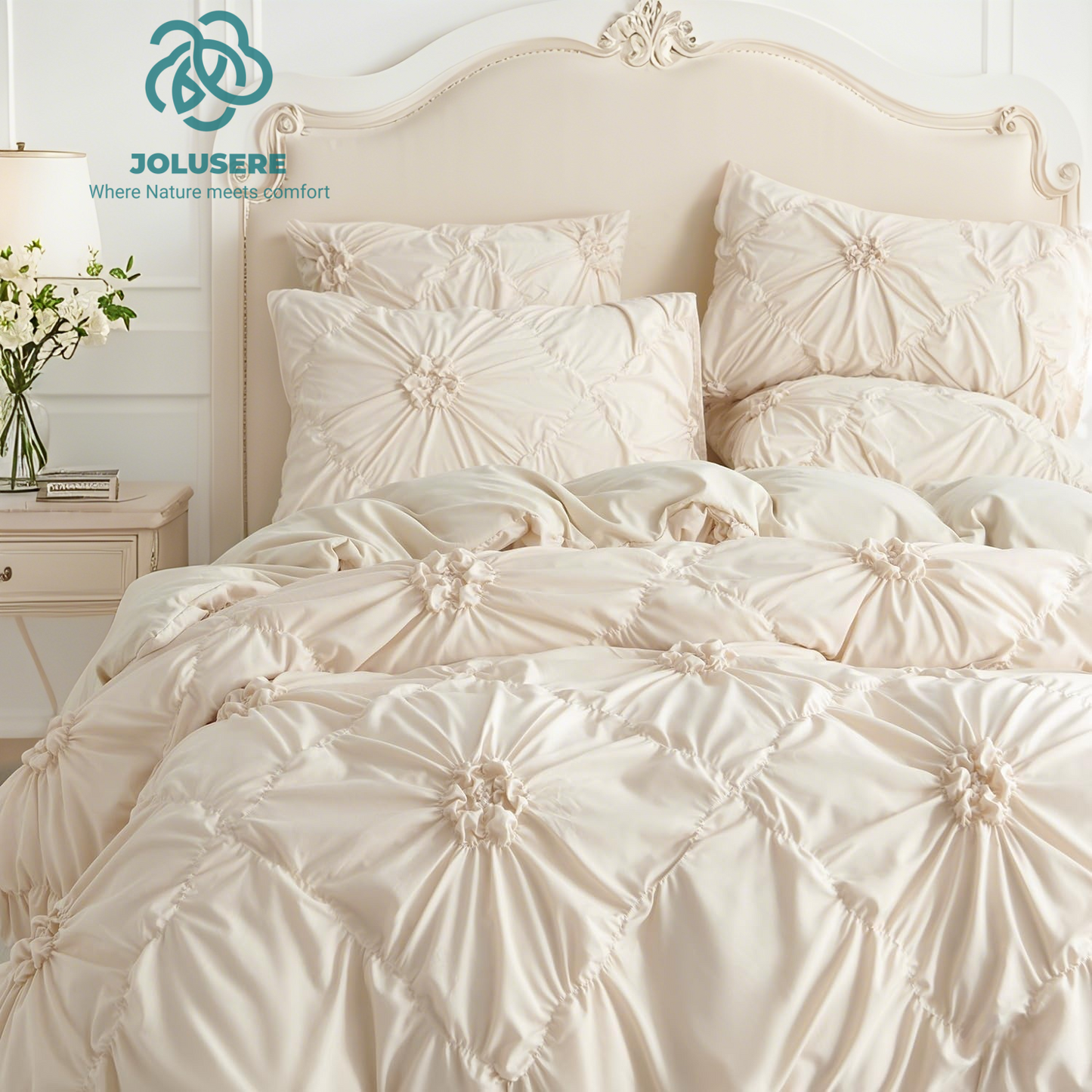 JOLUSERE Rustic French Style Beige Duvet Cover Sets King Size, Textured Flower Pinch Pleated Solid Luxury Bedding Sets