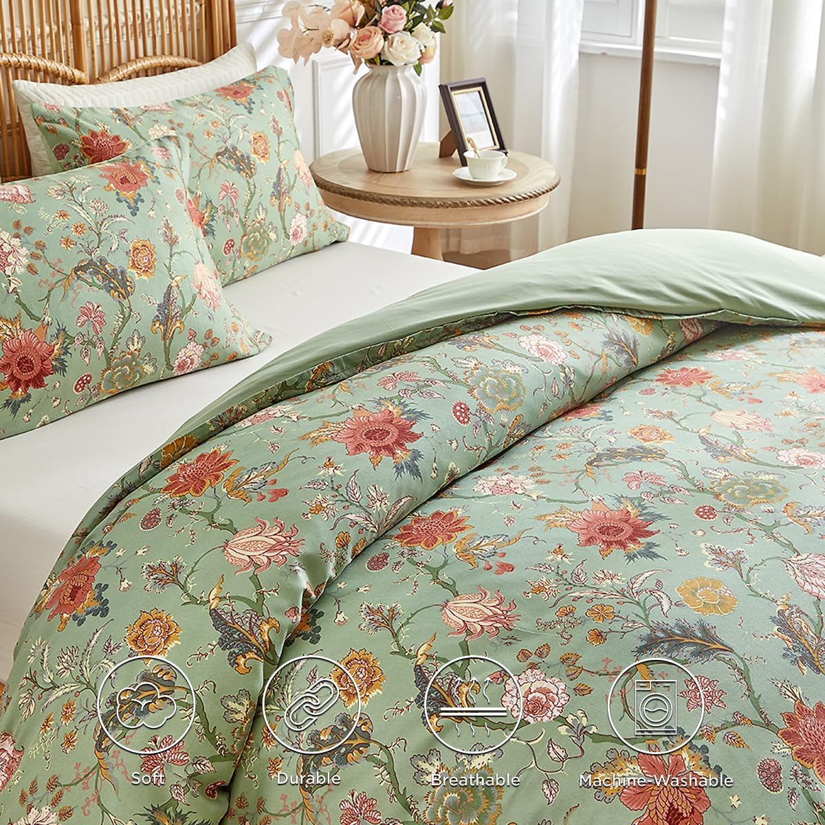 JOLUSERE 3 Piece Duvet Cover Sets King Soft Breathable Washed Microfiber Boho Floral Duvet Cover,Green