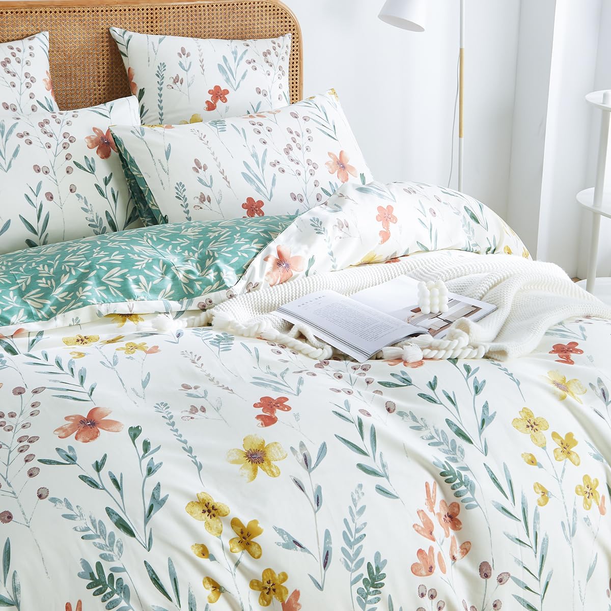 Jolusere Floral Leaves King Comforter Sets, 3 Pieces Green Leaves Colourful Floral Reversible Bedding Sets for Adults All Season