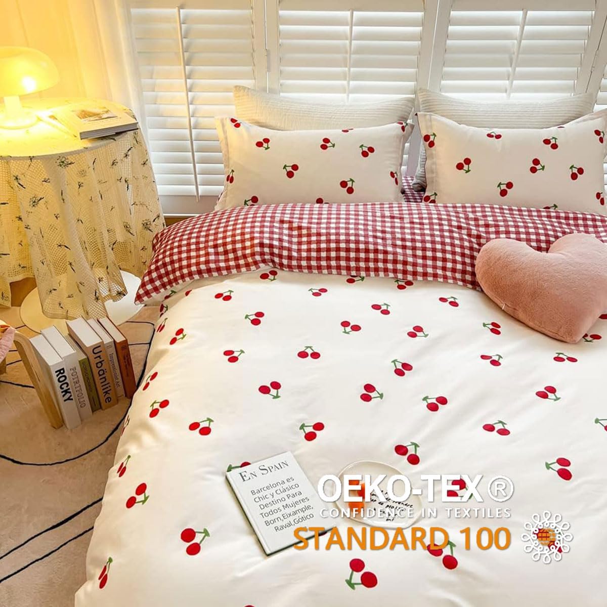 Jolusere White Red Cherry Girls Comforter Set Twin Size, 3 Pieces Reversible Red Checkered Pattern Bedding Set for Kids Girls