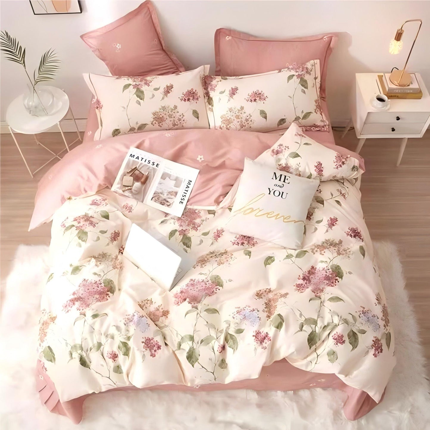 Jolusere White with Pink Flowers Queen Comforter Sets, 3 Pieces Chic Garden Style Reversible Bedding Sets for Adults All Season