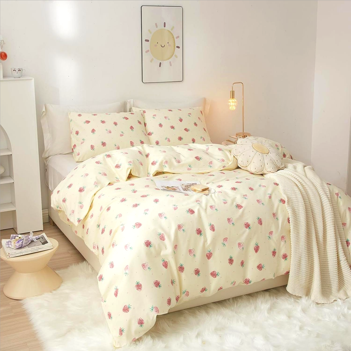 Jolusere Cream Pink Strawberry Girls Comforter Set Full Size, 3 Pieces Soft Breathable Cute Bedding Set for Kids Girls