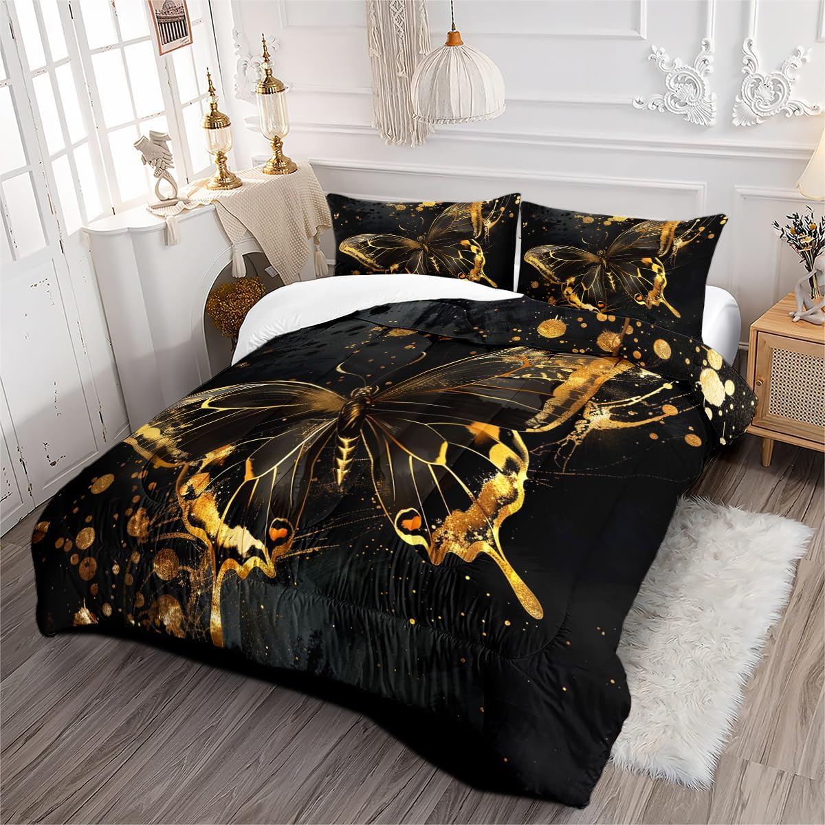 OMELA Black Gold Butterfly Comforter Set Queen Size,3 Pcs Aesthetics Gold Butterfly Black Starry Sky Galaxy Bedding Comforter Set for Kids Boys Adults All Season