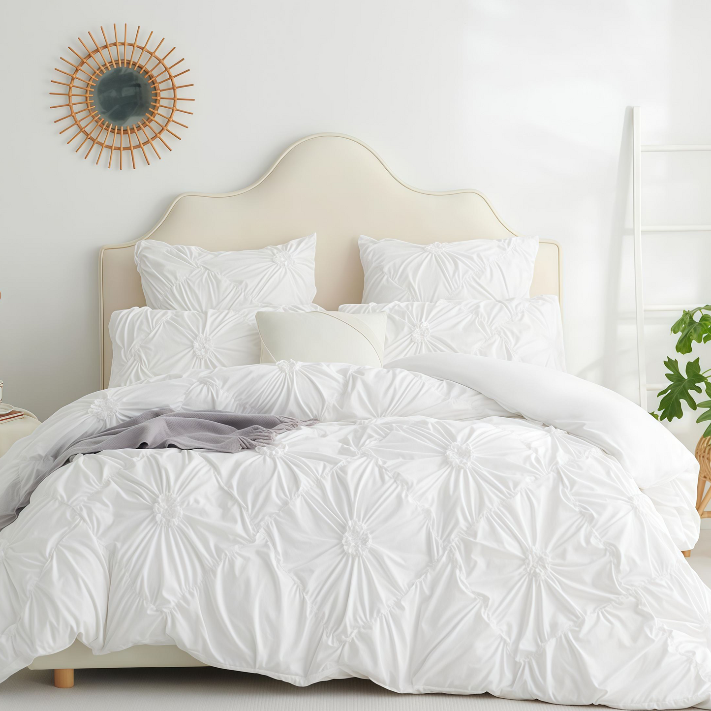 JOLUSERE Rustic French Style White Duvet Cover Sets Queen Size, Textured Flower Pinch Pleated Solid Luxury Bedding Sets