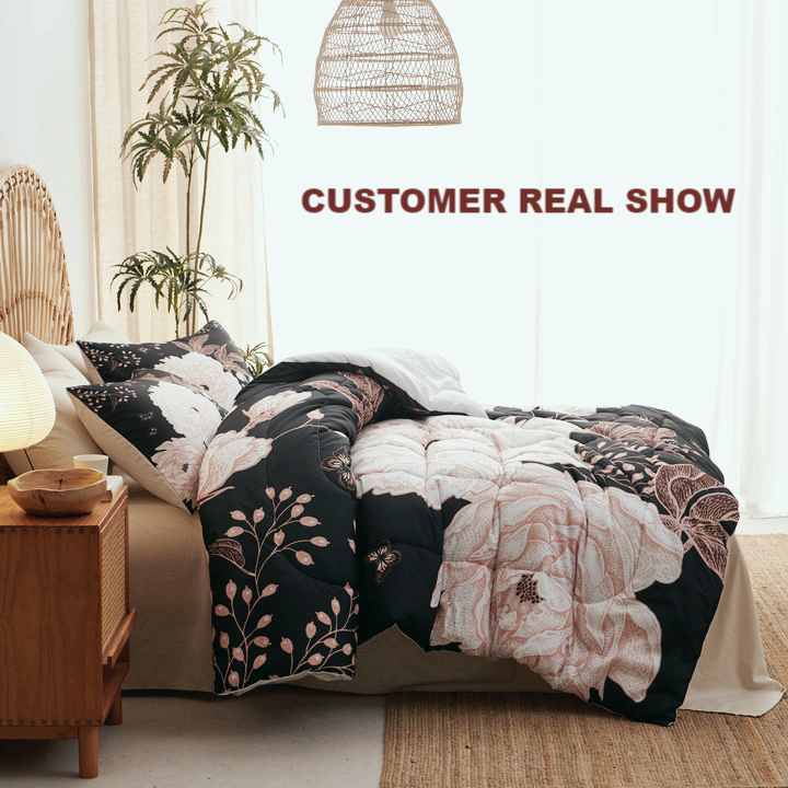 OMELA Chic Black White Floral Comforter Set King Size,3 Pcs White Floral Gold Butterfly Leaves Thick Bedding Comforter Set for Women Adults Teen All Season