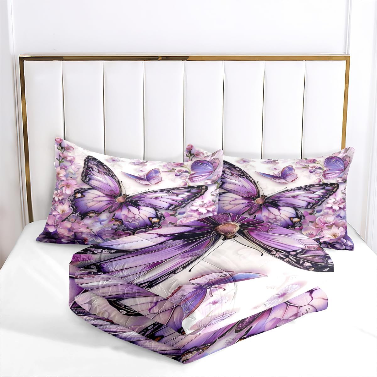 OMELA Purple Butterfly Comforter Set King Size,3 Pcs Chic Floral Purple Butterfly Thick Comforter Set for Girls Women Adults All Season