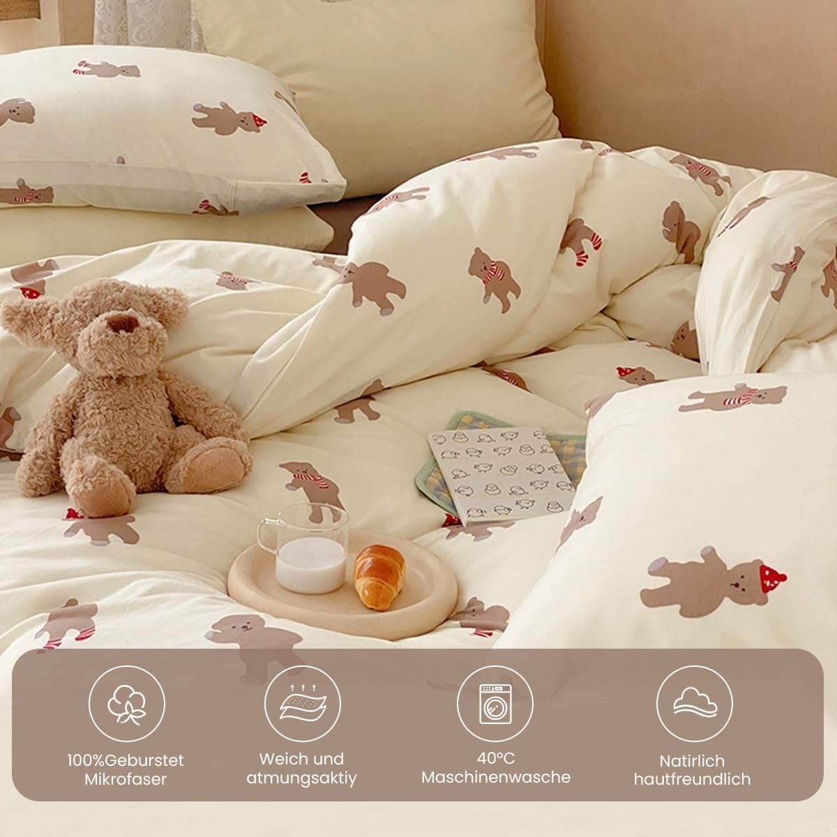 JOLUSERE 2-Piece Brown Bear White Comforter Twin Set,Soft Aesthetic Microfibre Quilt Bedding Set for Kids Adults