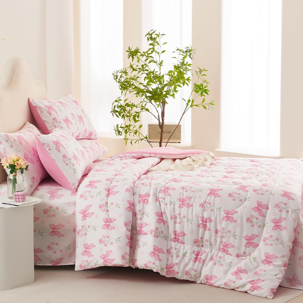 JOLUSERE Pink Bowknot Girls Comforter Set Full Size, 3 Pieces Bows Princess Style Bedding Set for Girls for All Season