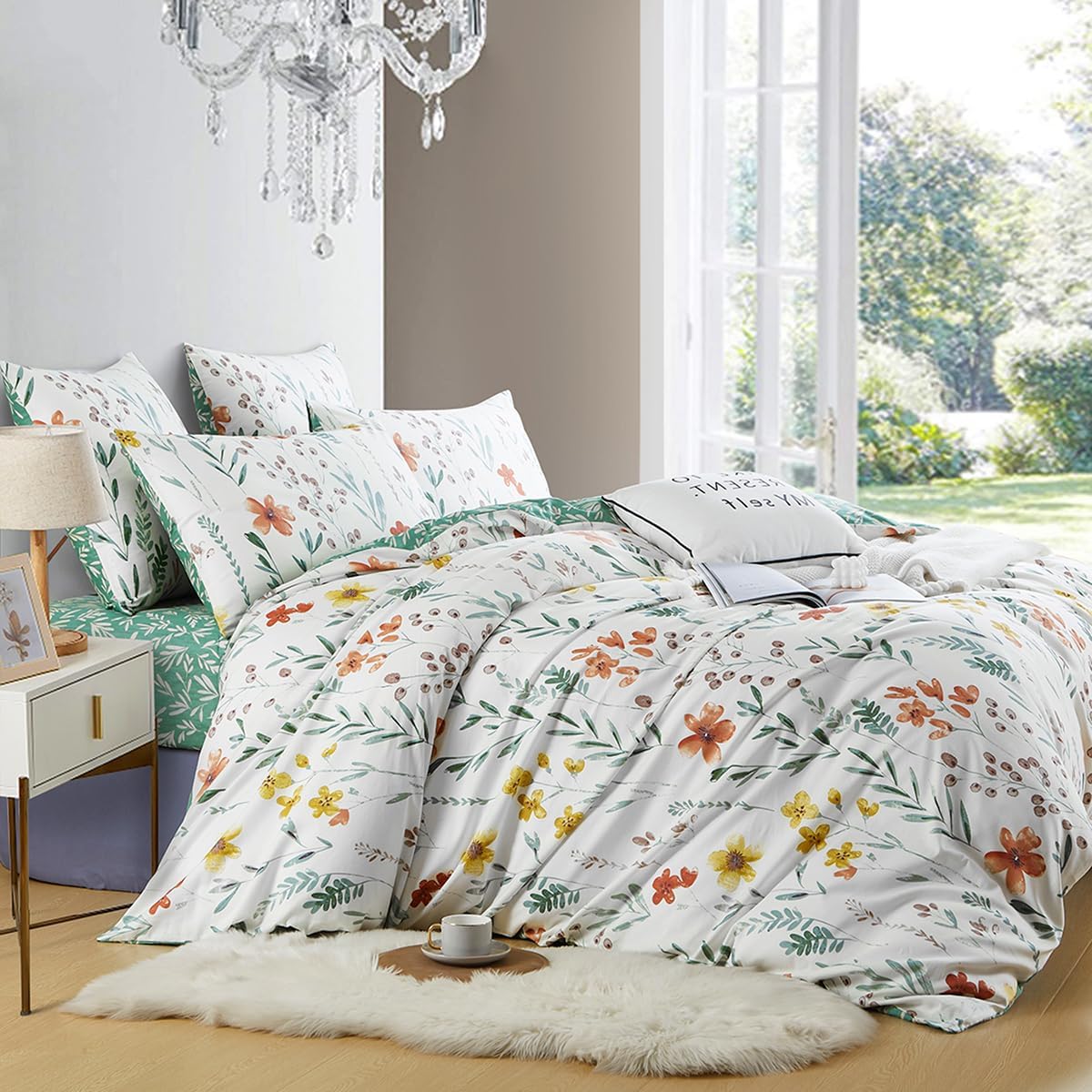 Jolusere Floral Leaves Queen Comforter Sets, 3 Pieces Green Leaves Colourful Floral Reversible Bedding Sets for Adults All Season