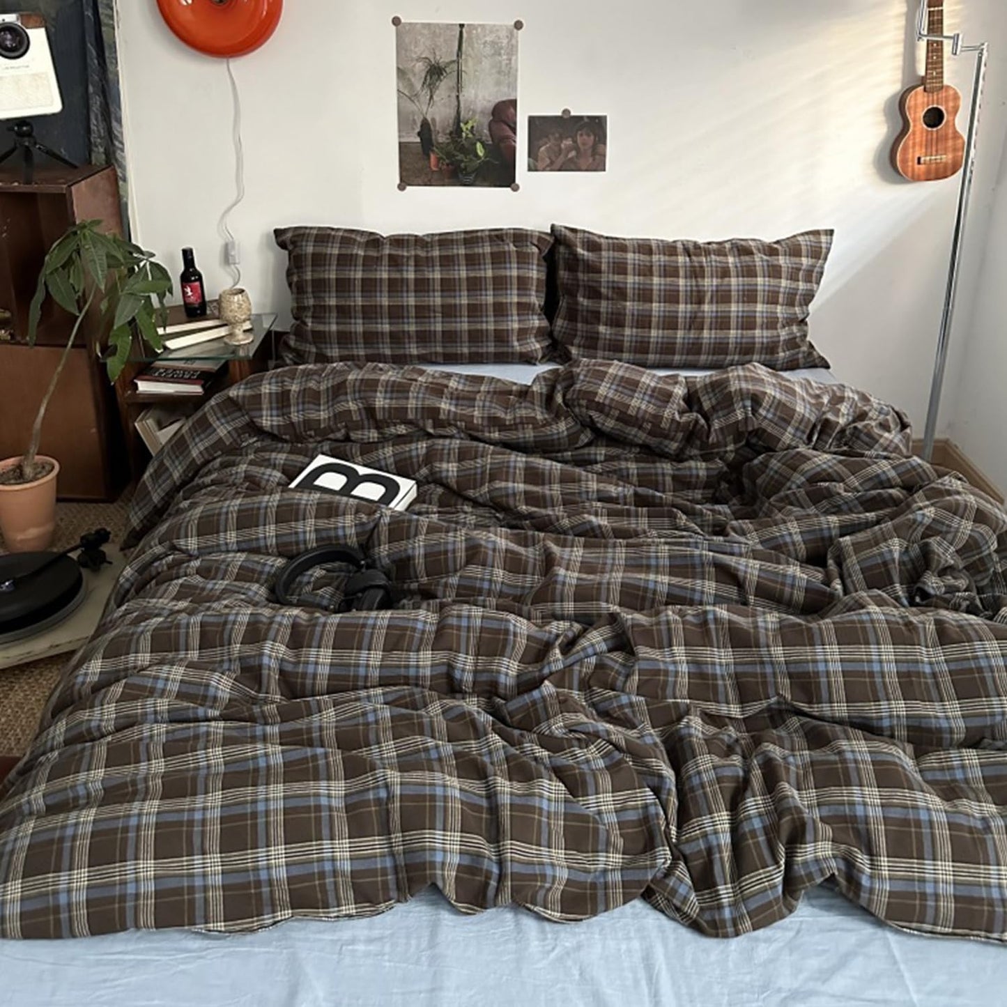 JOLUSERE Blue Brown Plaid Duvet Cover Twin Set, 2-Piece Vintage Grid Checkered Pattern Soft Comforter Cover